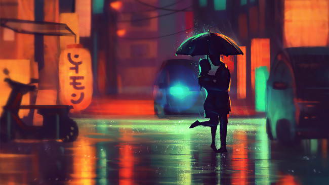 Обои картинки фото векторная графика, люди , people, reindeer, deer, minimalist, artist, artwork, digital, art, сладкая, парочка, силуэт, ночь, двое, зонт, дождь, азия