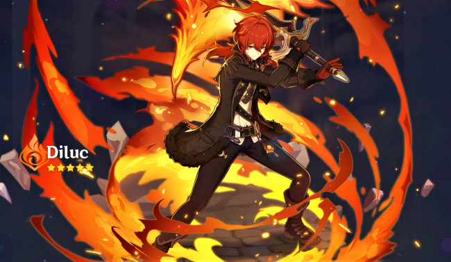 Обои картинки фото аниме, genshin impact, парень, меч, огонь