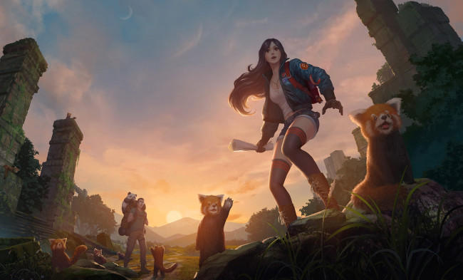 Обои картинки фото фэнтези, люди, девушка, мужчина, рюкзак, панды, развалины