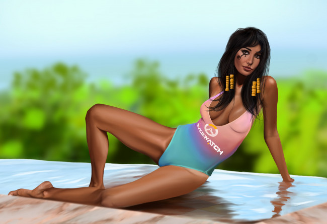 Обои картинки фото видео игры, overwatch, девушка, фон, взгляд, купальник