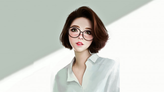 Обои картинки фото аниме, unknown,  другое , девушка, блузка, очки
