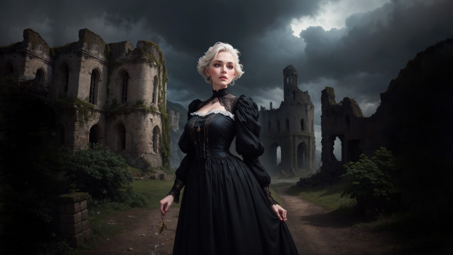 Обои картинки фото фэнтези, девушки, нейросети, графика, нейроарт, ai, art, нейронные, сети, рисунки, нейро, искусство, девушка, в, разрушенном, городе