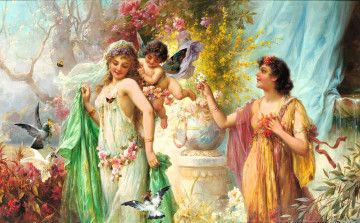 обоя рисованное, hans zatzka, женщины, сад, птицы, цветы, ангел