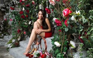 Картинка девушки -+брюнетки +шатенки шатенка платье туфли ступени цветы