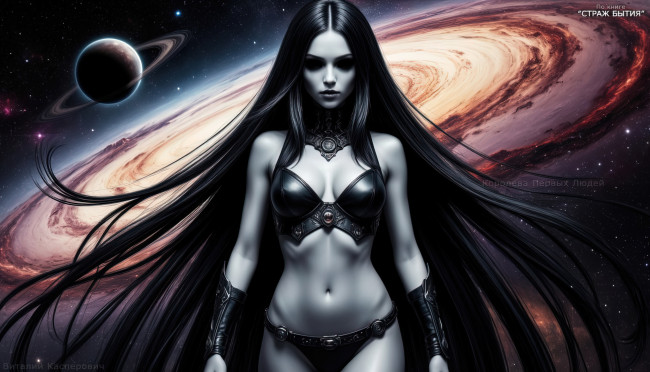 Обои картинки фото королева первых людей,  по книге - страж бытия, 3д графика, фантазия , fantasy, серая, кожа, полностью, черные, глаза, длинные, волосы, минималистичная, броня, искажение, пространства, космический, фон, черная, дыра
