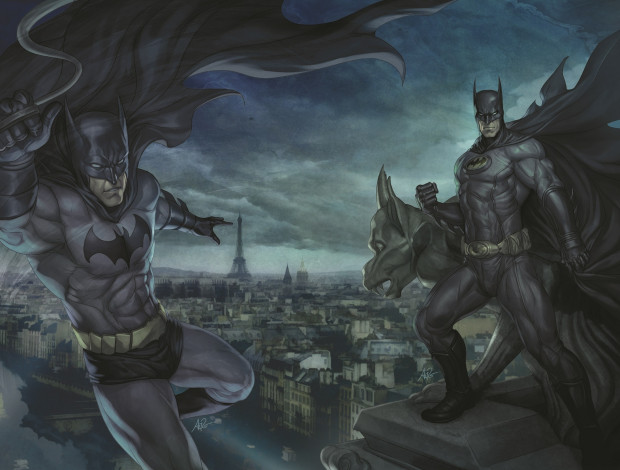 Обои картинки фото stanley, lau, artgerm, фэнтези, люди, batman, город