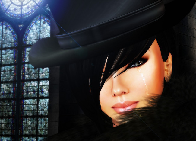 Обои картинки фото 3д, графика, portraits, портрет, девушка, шляпа, луч, слеза