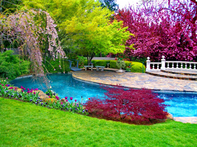 Обои картинки фото place, to, relax, природа, парк, краски, прудик, перила, деревья