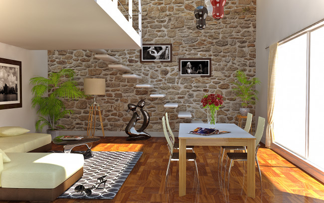 Обои картинки фото 3д, графика, realism, реализм, лесница, диван, стулья, стол