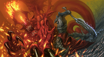 Картинка фэнтези существа воин мсонстр чудовище сражение меч