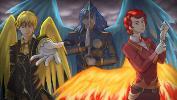 Картинка фэнтези ангелы парни крылья трое