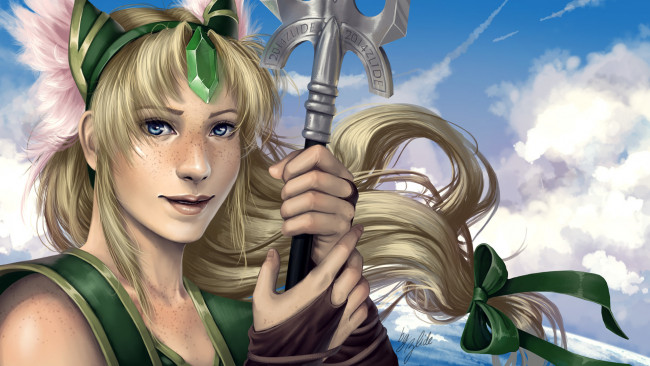 Обои картинки фото фэнтези, девушки, волосы, взгляд, веснушки, улыбка, девушка, арт, фантастика, оружие, бантик, ленточка