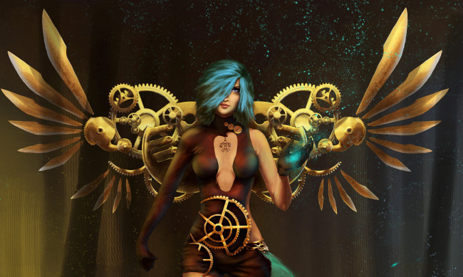 Обои картинки фото фэнтези, девушки, костюм, крылья, механизм, шестеренки, волосы, фантастика, арт, девушка, взгляд