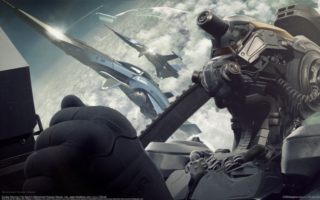 Обои картинки фото hossein attaran, фэнтези, роботы,  киборги,  механизмы, hossein, attaran, робот, самолёты, пилот