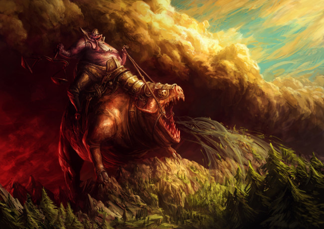 Обои картинки фото фэнтези, существа, монстры, всадник, чудовища, горы, лес, тучи
