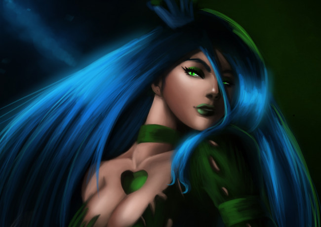 Обои картинки фото рисованные, люди, сердце, платье, зеленые, глаза, взгляд, волосы