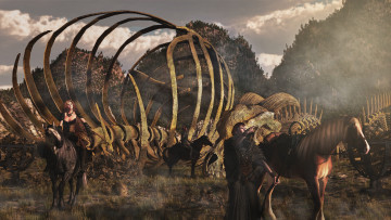 Картинка 3д+графика амазонки+ amazon девушки взгляд фон лошади скелет вершины оружие