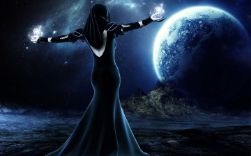 Картинка 3д+графика фантазия+ fantasy девушка магия планета взгляд фон поверхность