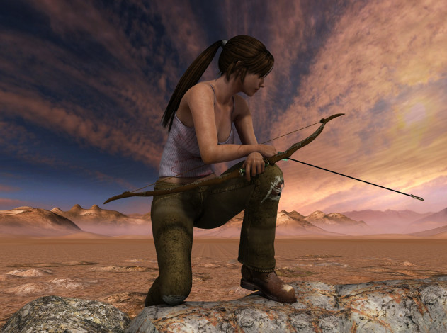 Обои картинки фото 3д графика, люди , people, лук, фон, взгляд, девушка, холмы, пустыня