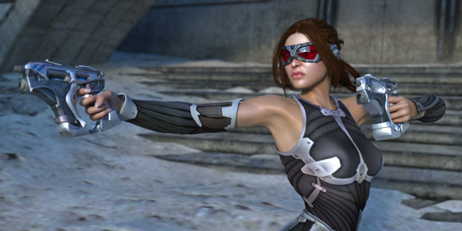 Обои картинки фото 3д графика, фантазия , fantasy, оружие, фон, взгляд, девушка