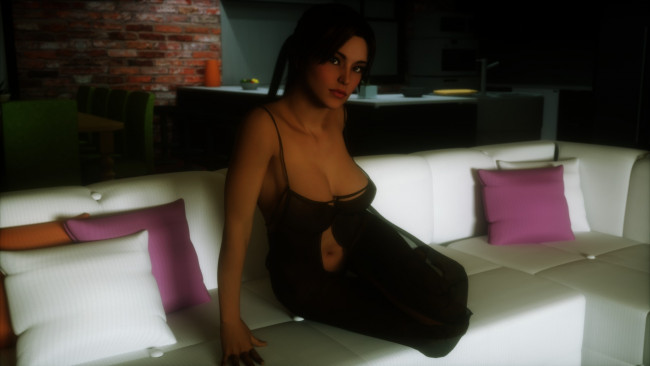 Обои картинки фото 3д графика, люди , people, диван, фон, взгляд, девушка