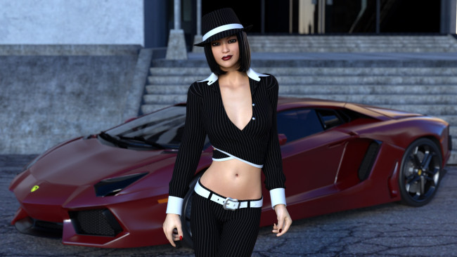 Обои картинки фото автомобили, 3d car&girl, автомобиль, фон, взгляд, девушка