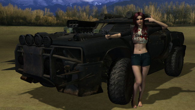 Обои картинки фото автомобили, 3d car&girl, взгляд, девушка, фон, автомобиль