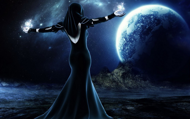 Обои картинки фото 3д графика, фантазия , fantasy, девушка, магия, планета, взгляд, фон, поверхность