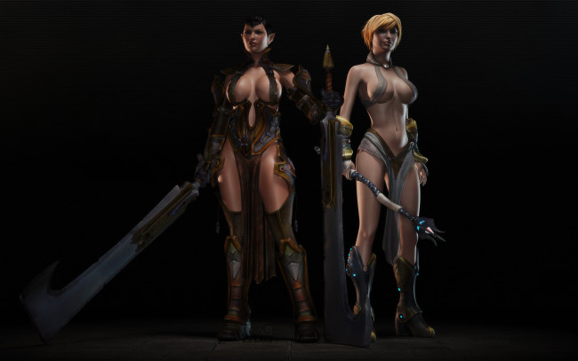 Обои картинки фото 3д графика, фантазия , fantasy, оружие, фон, взгляд, девушки