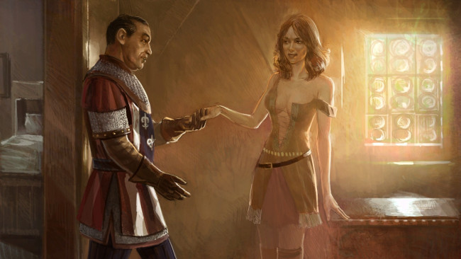 Обои картинки фото видео игры, the witcher, окно, девушка, мужчина, комната