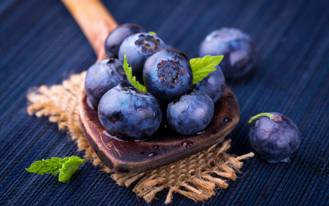 Обои картинки фото еда, голубика,  черника, мята, макро, черника, ягоды