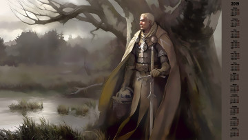 Картинка календари фэнтези дерево вода растения природа оружие мужчина