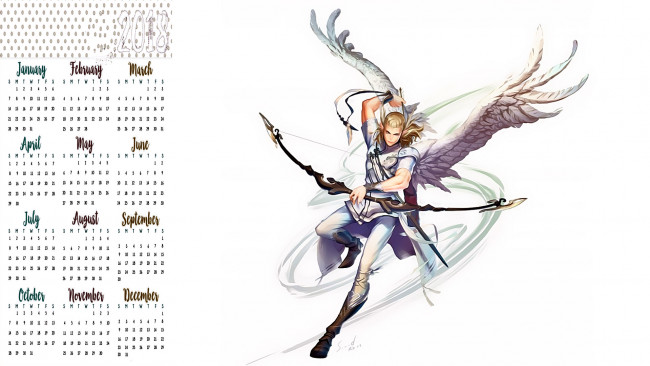Обои картинки фото календари, фэнтези, оружие, крылья, лук, мужчина