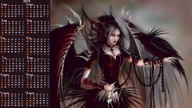 Обои картинки фото календари, фэнтези, существо, calendar, женщина, 2019, девушка, крылья, рога