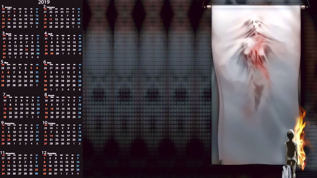 Обои картинки фото календари, фэнтези, ткань, полотно, пламя, силуэт, девушка, calendar, 2019