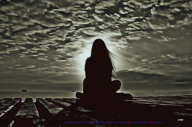 Обои картинки фото календари, компьютерный дизайн, водоем, силуэт, девушка, закат, 2019, calendar