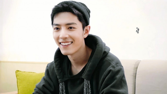 Обои картинки фото мужчины, xiao zhan, актер, шапка, толстовка, диван