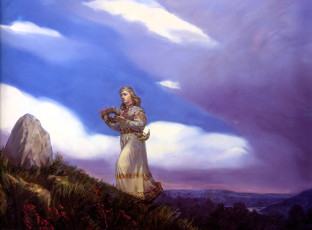 обоя андрей клименко, рисованное, девушка, венок, камень, тучи