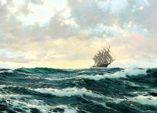 обоя рисованное, montague dawson, море, парусник, корабль, тучи