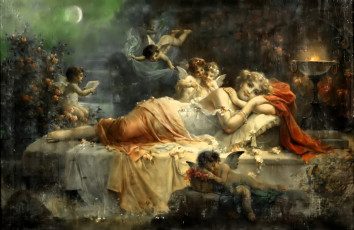 обоя рисованное, hans zatzka, женщина, ложе, ангелы, цветы