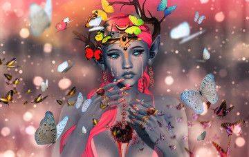 обоя 3д графика, эльфы , elves, девушка, рога, бабочки, дыра, слезы, украшения