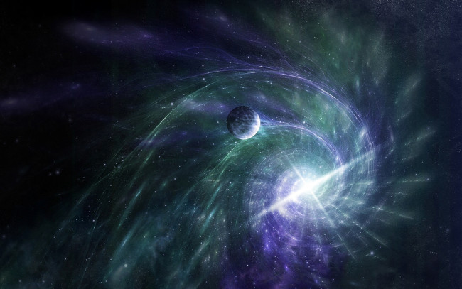 Обои картинки фото космос, арт, звезды, спираль, планета, свет