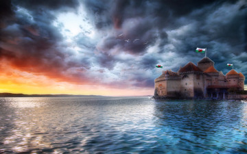 обоя 3д, графика, architecture, архитектура, тучи, горизонт, крепость, птицы, озеро
