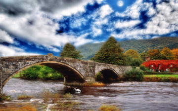 Картинка 3д графика nature landscape природа мост река здание птица лес облака