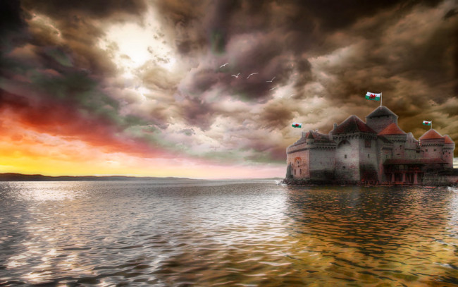 Обои картинки фото 3д, графика, architecture, архитектура, крепость, птицы, тучи, горизонт, озеро