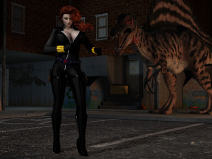 Картинка 3д+графика фантазия+ fantasy динозавр рыжая взгляд девушка