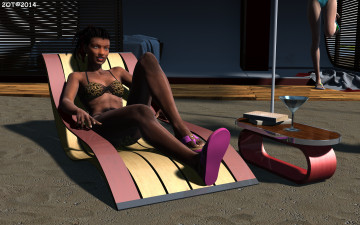 Картинка 3д+графика люди+ people купальник взгляд столик бокал шезлонг девушка