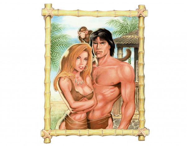 Обои картинки фото рисованное, комиксы, девушка, взгляд, фон, мужчина, обезьяна, картина