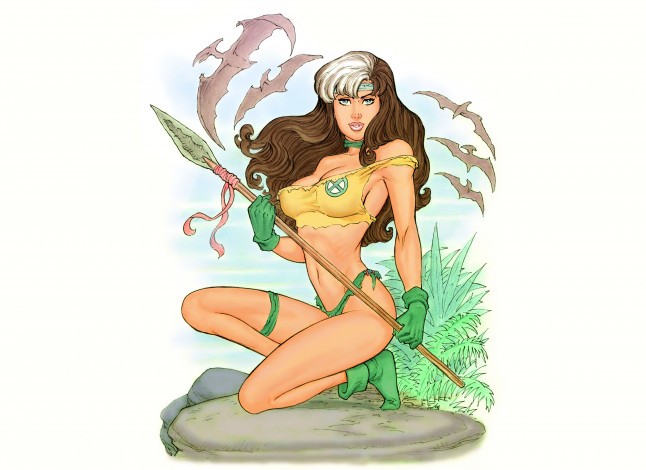 Обои картинки фото рисованное, комиксы, копьё, девушка, фон, взгляд