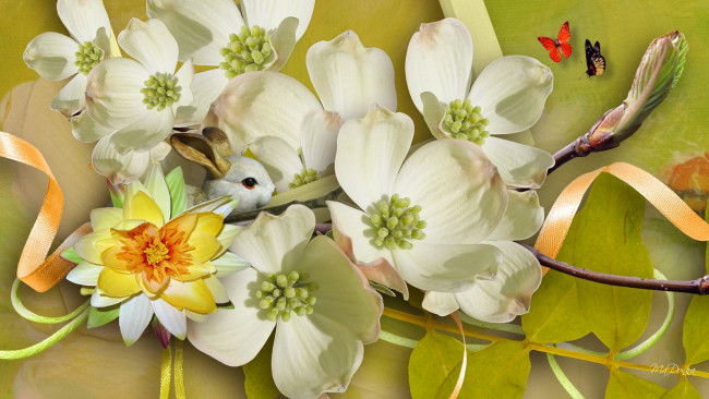 Обои картинки фото разное, компьютерный дизайн, кролик, бабочки, цветы